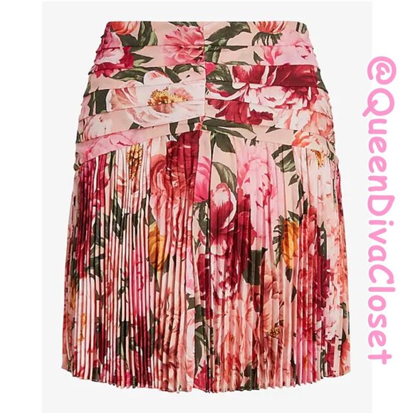 Express Fuchsia Hot Pink Floral Print Ruched Pleated Fit And Flare Mini Skirt 10 - Picture 3 of 6